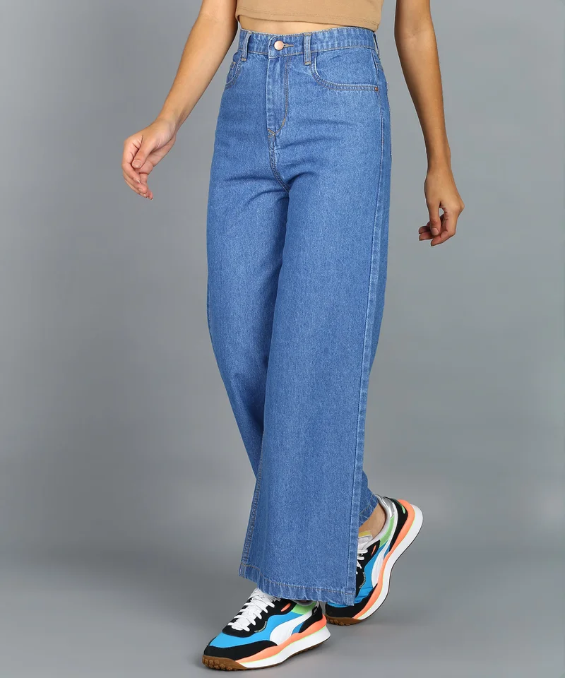 Urbano Fashion  Urbano Fashion Women's Light Blue Regular Fit Wide Leg Washed Jeans for Women | Best Price UAE